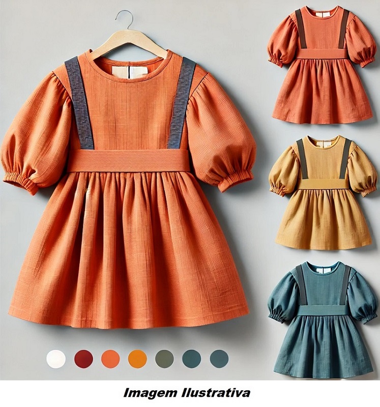 Vestido laranja infantil com destaque em cenrio vibrante, perfeito para vrias ocasies, disponvel em outras cores na Kedma Kids.