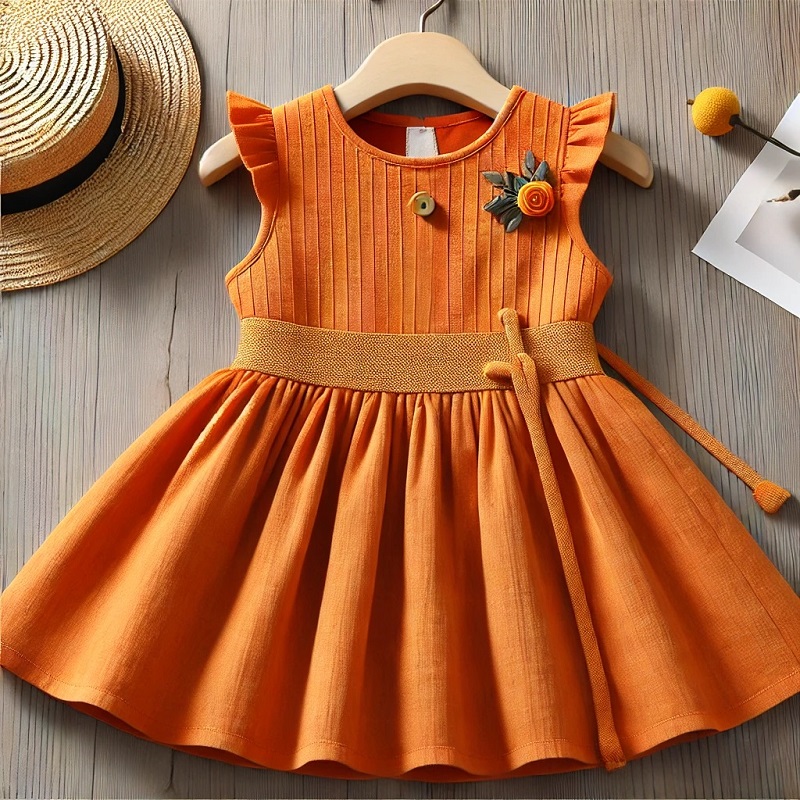 Vestido laranja infantil com design moderno e confortvel, ideal para eventos e passeios.